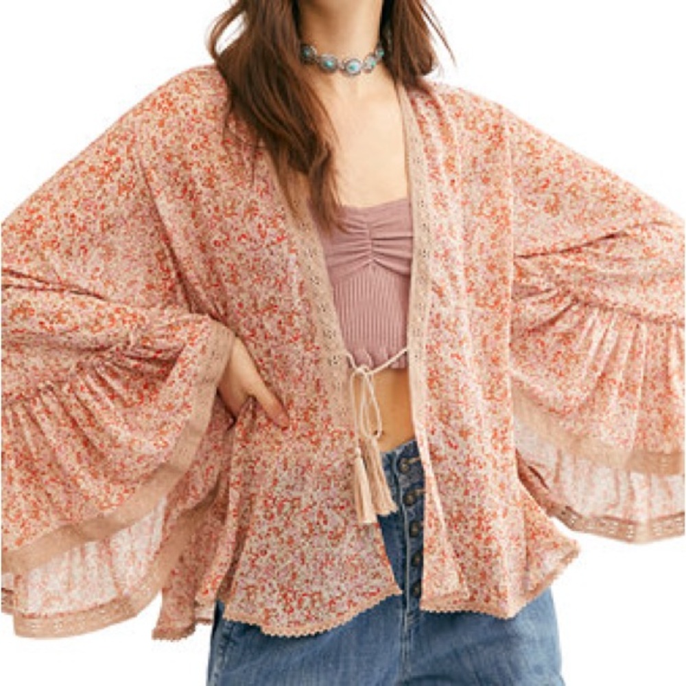 Nalini Floral Print Kimono OS Red Orange